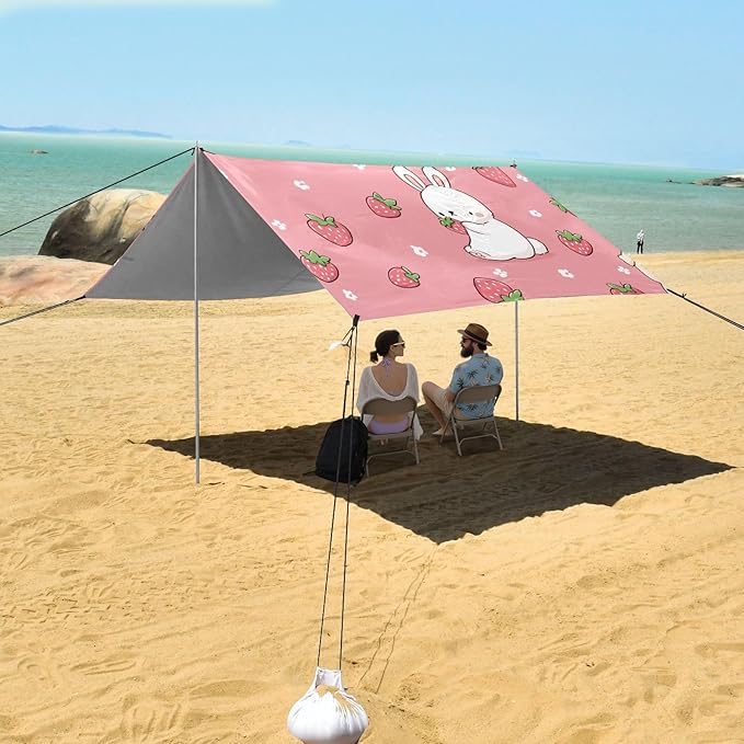 ALAZA Rabbit Strawberry Pattern Beach Tent Sun Shelter Portable Canopy Sunshade for Outdoor Camping Picnics Backyard Fun 10x9 ft