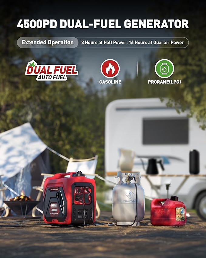 ERAYAK 4500W Dual-Fuel Portable Inverter Generator for Home Use Camping Outdoor 30A RV Ready Auto Switch Gas and Propane Powered EPA CO Sensor Parallel Ready Campact Design