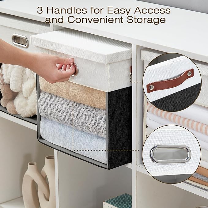 Fabric Storage Cubes with Clear Windows and Lids 13'' Foldable Storage Bins with 3 Handles Decorative Storage Boxes for Home Bedroom Closet Office (Balck &amp White)