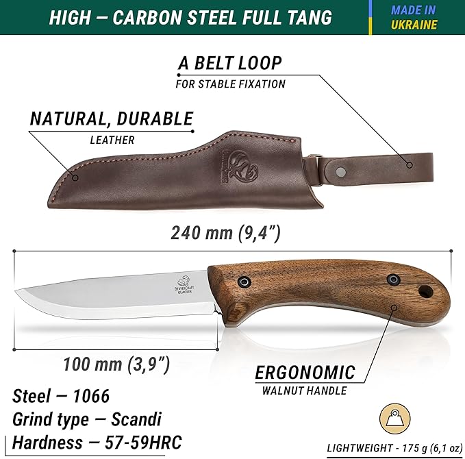 BeaverCraft BSH5 Shadow Bushcraft Small EDC Knife Full Tang with Sheath BSH2 Glacier Camping Bush Knife Carbon Steel Fixed Blade with Sheath Scandi Grind