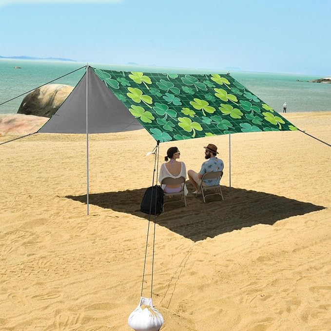 Beach Canopy with Windproof Ropes &amp Sandbags Beach Tent Sun Shade Sun Shelter for Camping Trips Fishing Backyard Fun or Picnics St. Patrick's Day Clover