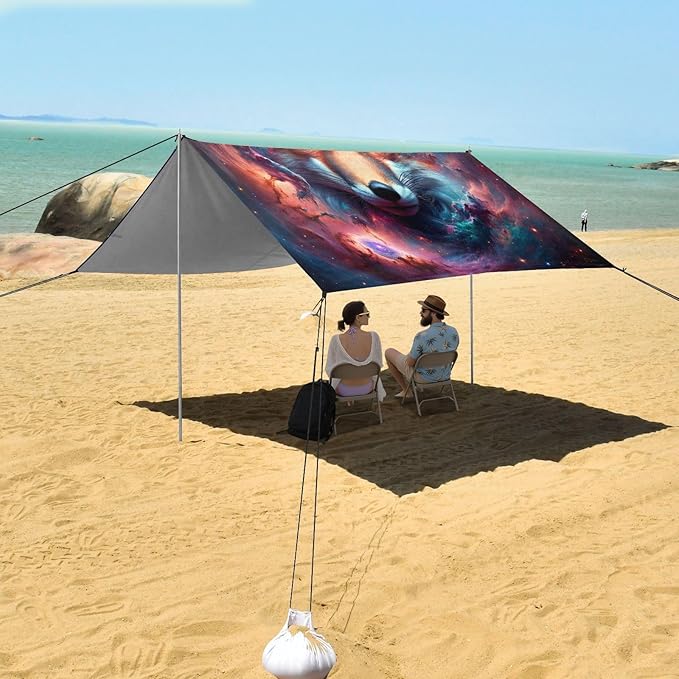 ALAZA Fox Head Galaxy Beach Tent Sun Shelter UPF50+ Protection Beach Shade Canopy w/ 4 Sandbags for Outdoor Camping Fishing Backyard Fun Picnic 10x9 ft