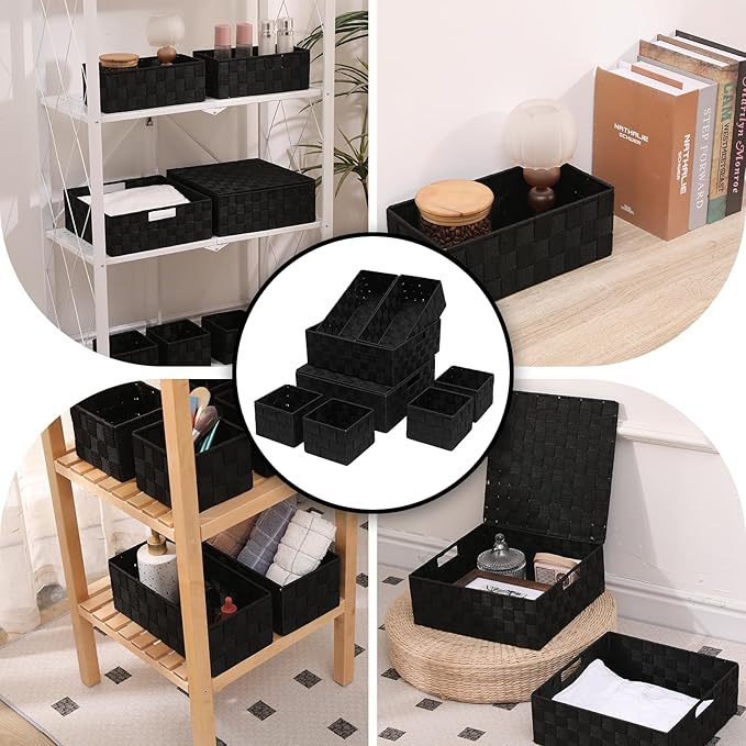 Woven Storage Bins with Lids Set of 8 Polypropylene Storage Baskets with Metal Frame Stackable Fabric Boxes for Drawers Closet Shelf Nursery and Office Black