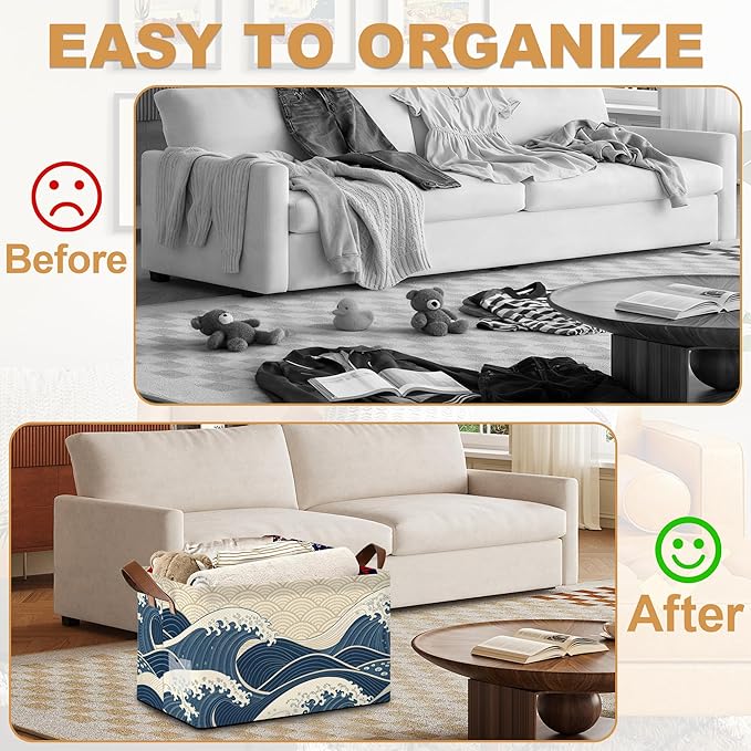 Ocean Waves Storage Bin with Handles Basket Storage Organizer for Shelves Closet Nursery Book Laundry Hamper &amp Home Decor