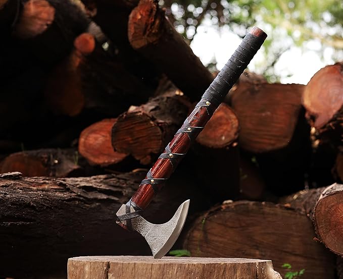 WAZIR Crafts Viking Axe | 17″ Hand-Forged Carbon Steel Tomahawk with Rosewood Handle &amp Leather Sheath Bearded Axe for Camping Bushcraft Throwing Gifts for Men (WCA‑015)