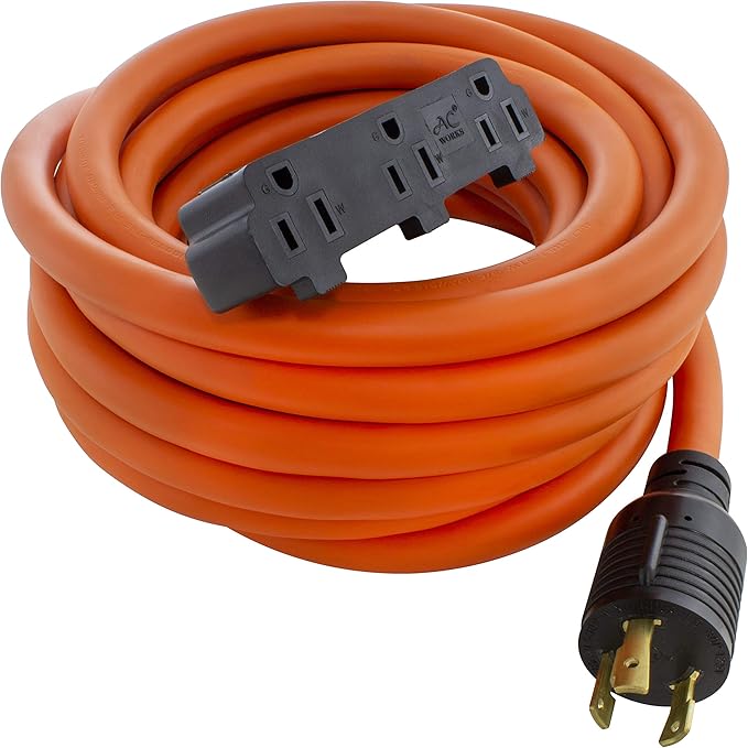 AC WORKS L5-30 30Amp 3-Prong Locking Generator Distribution Cord (25FT L5-30 to Tri-Household Flexible)