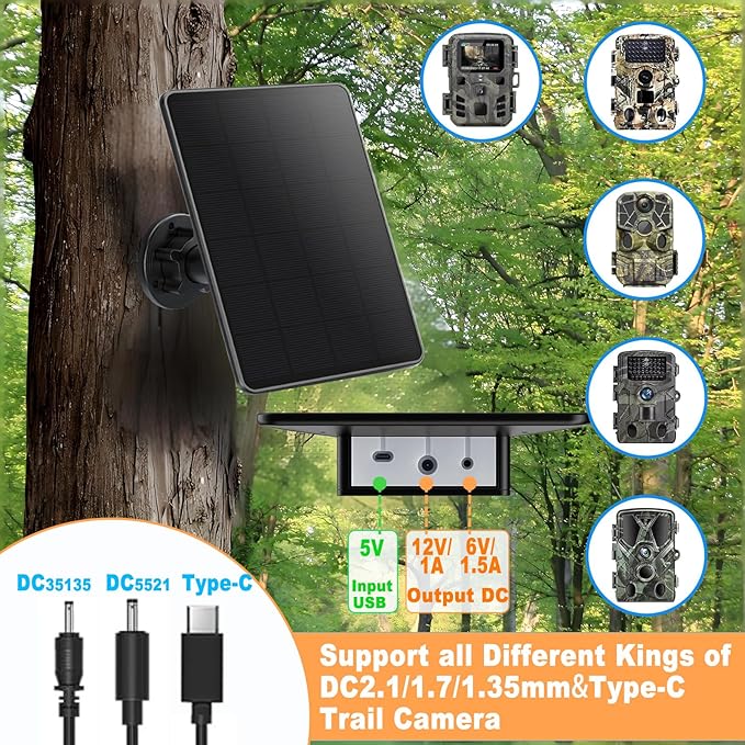 Trail Camera Solar Panel Mini Solar Battery Charger DC 12V/1A 6V/1.5A &amp USB-C Build-in 5000mAh Rechargeable Lithium Battery IP66 Waterproof Hunting Accessory 10ft Cable 6.7 Lx4.6 Wx1.25 H