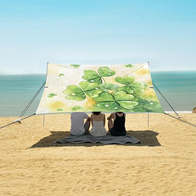 xigua St. Patrick's Day Clover Beach Tent Sun Shelter with Carrying Bag - Silver Coated Oxford Fabric Beach Canopy for Beach Camping Fishing - Includes Windproof Ropes Sandbags &amp Stakes