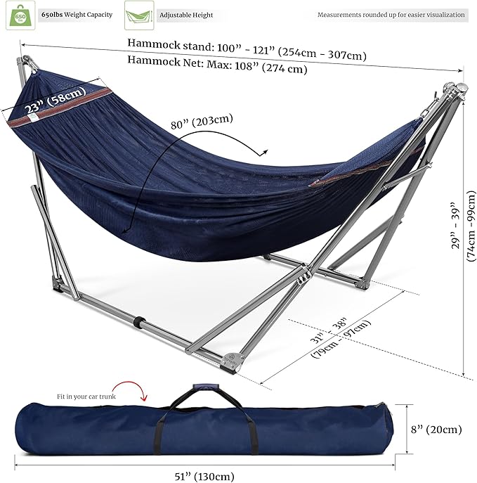 Tranquillo Double Hammock with Stand 650lb Capacity Double Hammock with Spreader Bar Solid Grade 201 Stainless Steel 30s Set Up Sturdy Flexible Hammock Stand Portable Outdoor Indoor Aegean