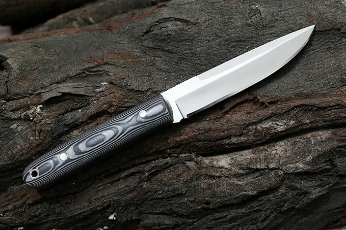 GCS Handmade D2 Steel Hunting Knife with Black and White Micarta Handle Full Tang Blade and Leather Sheath for Hunting Hunting Camping Survival EDC-GCS 945