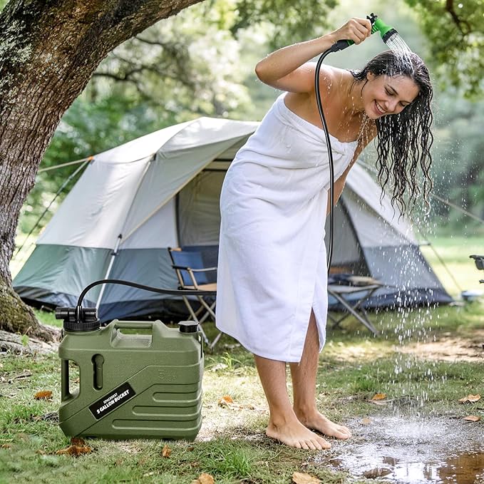 SPACEREST Integrated Camping Shower – Spill Resistant Electric Portable Shower for Camping with 5 Gallon Food-Grade Water Jug Easy to Store for Hiking Beach 7-Mode Shower Head IPX7 Waterproof