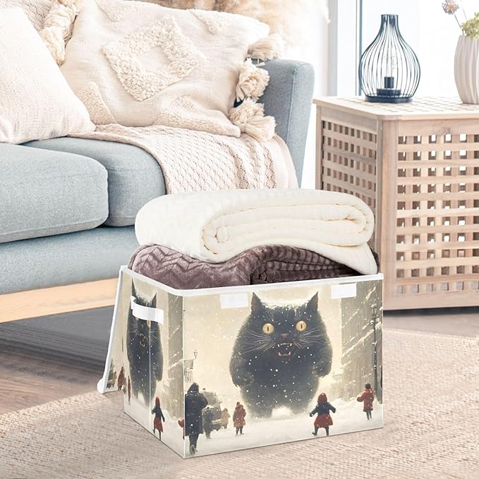 AIXIWAWA Lidded Storage Cube (Monster Cat in City) Fabric Foldable Closet Bins with Flip Lid and Handles Organizer Basket Container 16.5 x 12.6 x 11.8 IN