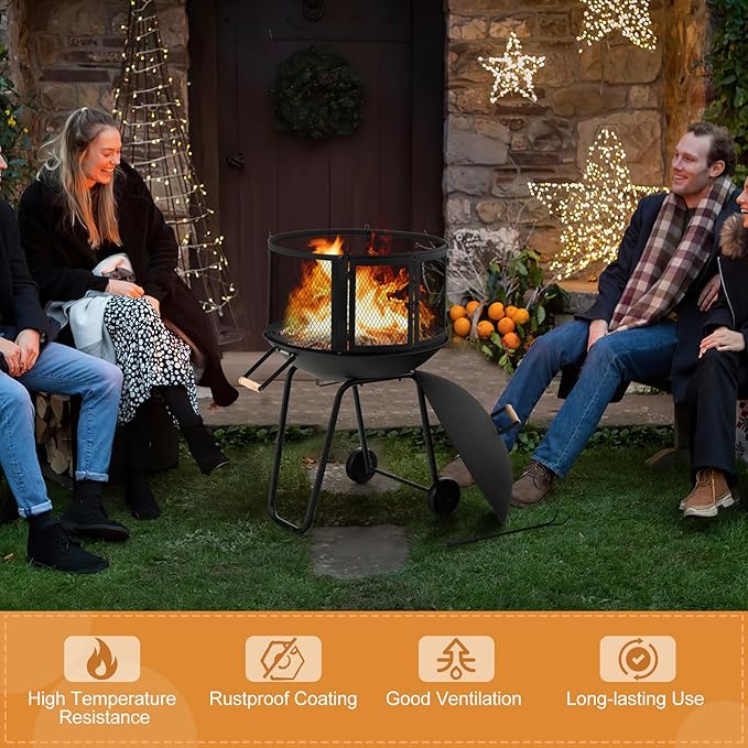 Giantex 28 Portable Fire Pit on Wheels Outdoor Mobile Wood Burning Firepit w/Log Grate Fire Poker Heavy-Duty Steel Frame &amp Solid Metal Top 2-Door Gate Rolling Fire Pits for Entertaining Camp