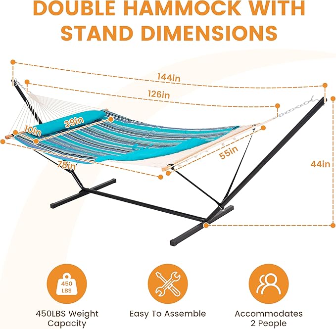 Lazy Daze Hammocks 2 Person Portable Hammock with 12FT Stand Double Hand Woven Cotton Rope Hammock with Detachable Quilted Pad &amp Pillow for Outside 450lb Capacity Blue Stripes