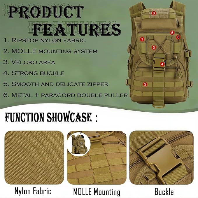 40L 600D Nylon Tactical Backpack - Waterproof Multifunctional with MOLLE System for Outdoor Travel Sports and Hiking(Black)