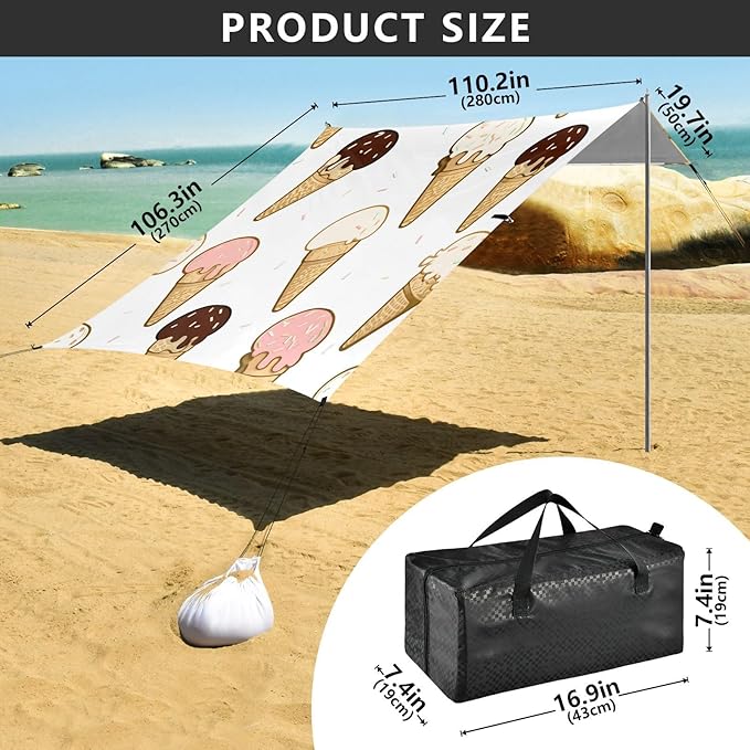 xigua Ice Cream Beach Tent Sun Shelter with Carrying Bag - Silver Coated Oxford Fabric Beach Canopy for Beach Camping Fishing - Includes Windproof Ropes Sandbags &amp Stakes