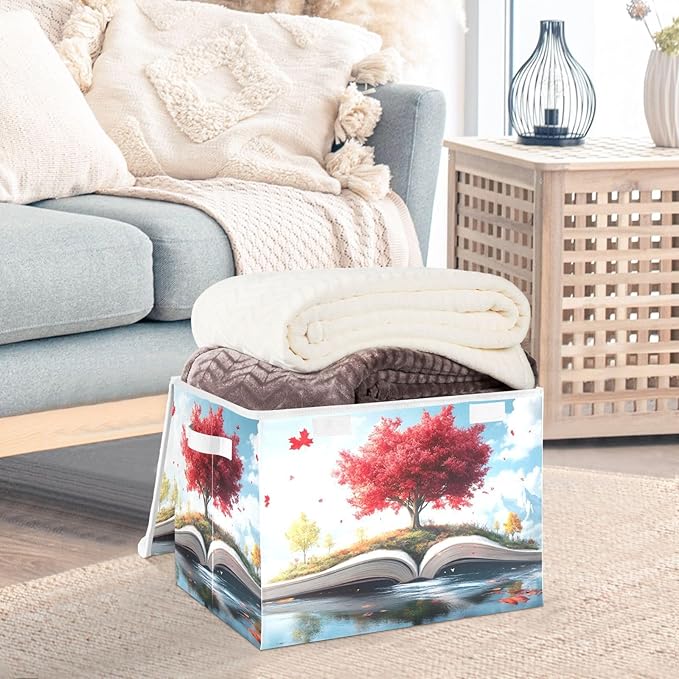 Storage Cube with Lid Tree on Book Print 16.5×12.6×11.8 IN Collapsible Large Capacity Foldable Storage Basket Bin Organizer