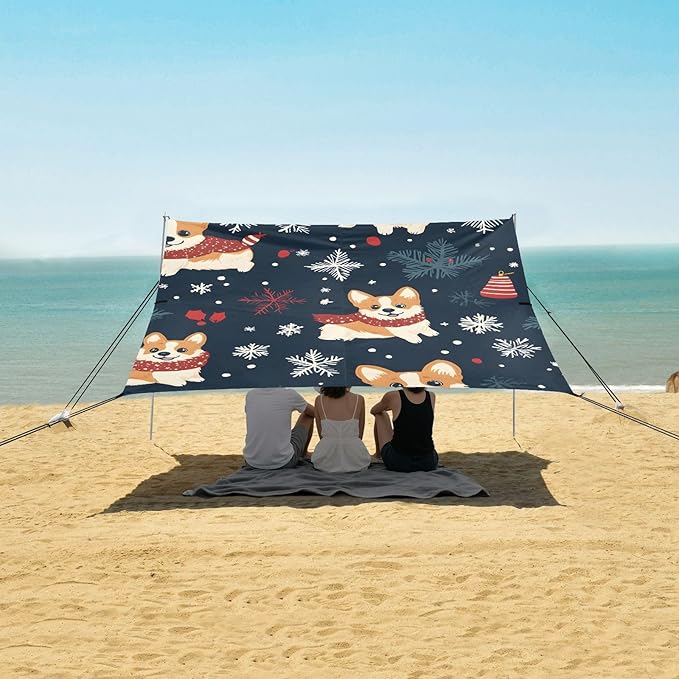 ALAZA Chrismas Corgi Pattern Beach Tent Sun Shelter Portable Canopy Sunshade for Outdoor Camping Picnics Backyard Fun 10x9 ft