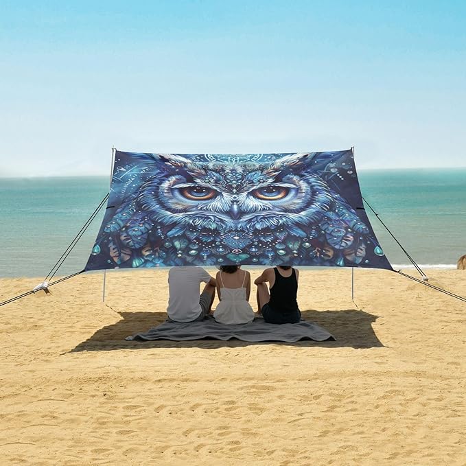 ALAZA Boho Owl Blue Beach Tent Sun Shelter Portable Canopy Sunshade for Outdoor Camping Picnics Backyard Fun 10x9 ft