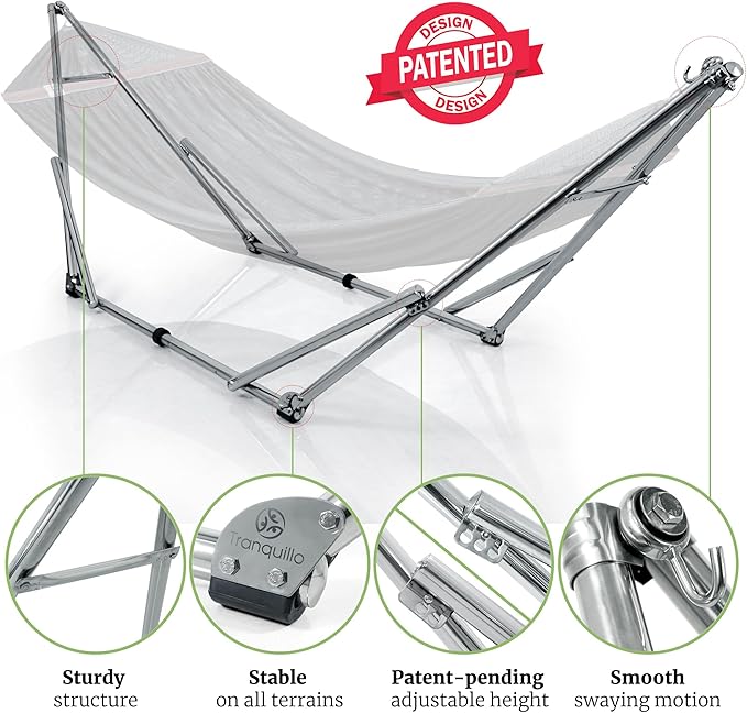 Tranquillo Double Hammock with Stand 650lb Capacity Double Hammock with Spreader Bar Solid Grade 201 Stainless Steel 30s Set Up Sturdy Flexible Hammock Stand Portable Outdoor Indoor Black