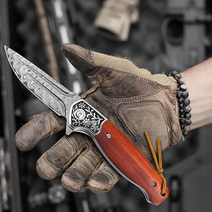 KOMWERO Damascus Pocket Knife VG10 Damascus Steel Folding Knife with Wood Handle Leather Sheath Liner Lock EDC Knife for Outdoor Survival Hunting Collection