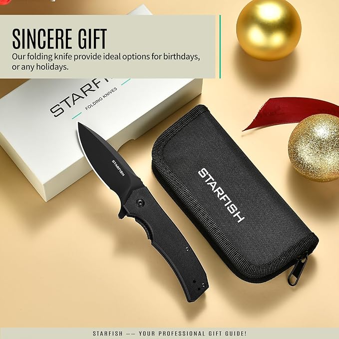 STARFISH Folding Knife 2.9 DC53 Steel PVD Titanium Coating Blade Pocket Knife with G10 Handle and Clip Lightweight Sharp Camping Hiking Daily Work Knives(black)