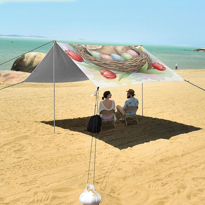 Beach Canopy with Windproof Ropes &amp Sandbags Beach Tent Sun Shade Sun Shelter for Camping Trips Fishing Backyard Fun or Picnics Easter Bunny