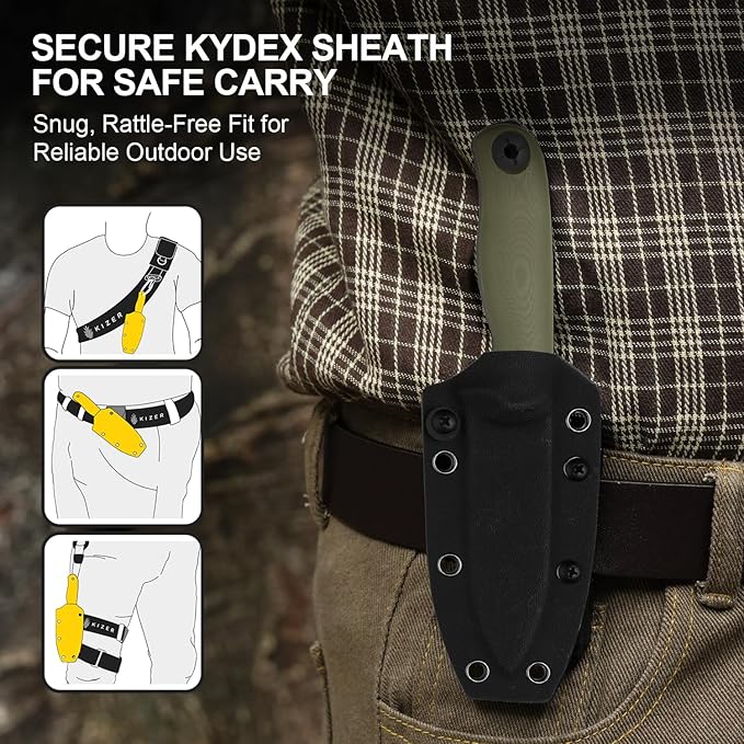 Kizer Drop Bear Fix 3 Fixed Blade Knife 3.8 D2 Blade EDC Camping Knife with Olive Green G10 Handle Small Hunting Knives with Sheath Outdoor Survival Knives with Pocket Clip and Lanyard 1101M1