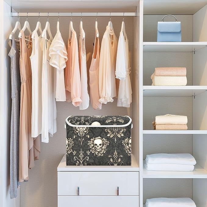 Collapsible Storage Bins with Lids Decorative Fabric Storage Cubes Closet Organizer and Storage Basket Boxes Containers for Clothes Box Chest Folding Rectangle Gothic Brown Skulls