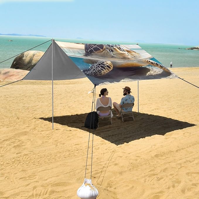 ALAZA Palm Sea Turtle Beach Beach Tent Sun Shelter UPF50+ Protection Beach Shade Canopy w/ 4 Sandbags for Outdoor Camping Fishing Backyard Fun Picnic 10x9 ft