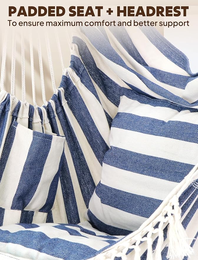 Chihee Hammock Chair Hanging Swing 2 Pillows IncludedStrong Webbing Straps and Hooks for Easy Hanging Soft Cotton Hanging Chair Side Pocket Tassel Chair Comfort Indoor Outdoor Blue White
