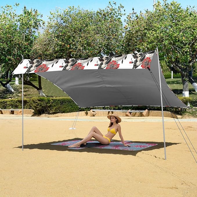 ALAZA Butterfly Red Flower Floral Beach Tent Sun Shelter UPF50+ Protection Beach Shade Canopy w/ 4 Sandbags for Outdoor Camping Fishing Backyard Fun Picnic 10x9 ft