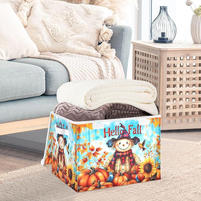 senya Large Storage Bins with Linen Words Hello Fall Collapsible Foldable Storage Cubes Fabric Closet Organizer Containers Box with Flip-Top Lid for Home Bedroom Office 16.7 x 12.6 x 11.8in
