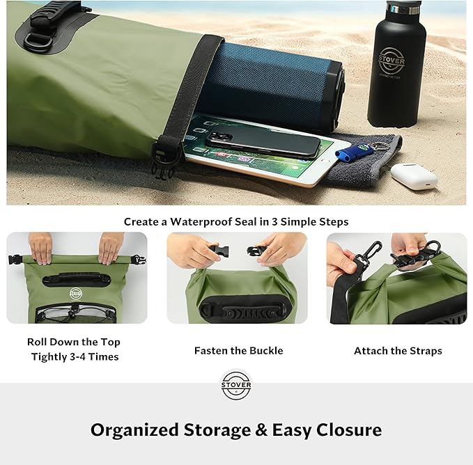 STOVER 5/10/25/30/40/55L Waterproof Dry Bag- Roll-Top Backpack w/Phone Case- Kayaking Hiking Camping Boating- Men/Women