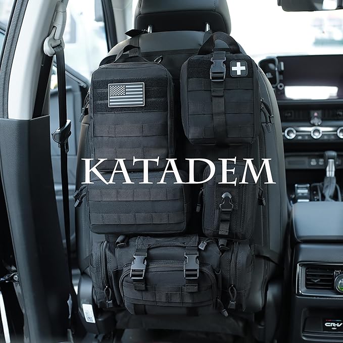 6 Pack Tactical Molle Car Seat Back Organizer - Tactical Vehicle Panel Organizer with 5 Detachable Molle PouchUS Flag Patch and KeychainGreat Trunk Accessories for Man