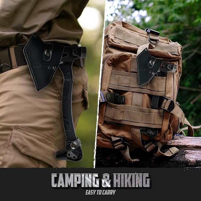Tactical Axe with G10 Handle Camping Survival Hatchet Multifunctional Outdoor Hiking Heavy Duty Full Tang Tomahawk Tools with Hammer Unique Design Crowbar Leather Sheath (Black)