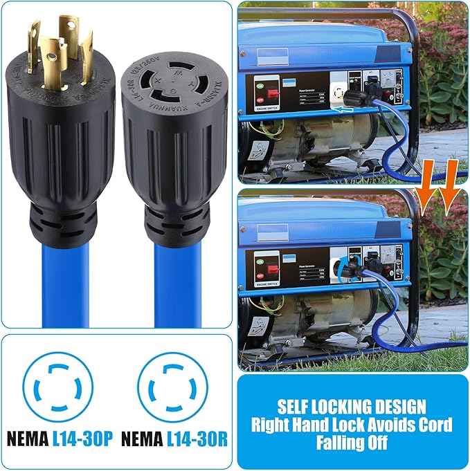 Kanayu 25 FT 4 Prong 30 Amp Flat Generator Extension Cord Compatible with NEMA L14-30P/L14-30R 10 Gauge Flat Generator Power Cable Locking for Manual Transfer Switch 125/250V 7500W ETL Listed