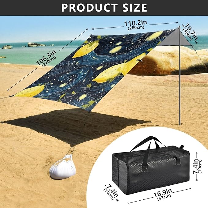 ALAZA Lemon Shape Starry Night Sky Galaxy Beach Tent Sun Shelter Portable Canopy Sunshade for Outdoor Camping Picnics Backyard Fun 10x9 ft