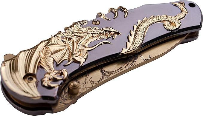Masters Collection -Spring Assisted Open Folding Knife - Gold TiNite Coated Stainless Steel Blade w/Etched Dragon Gold and Black 2-Tone Zinc Alloy Handle w/Sculpted Dragon - MC-A045