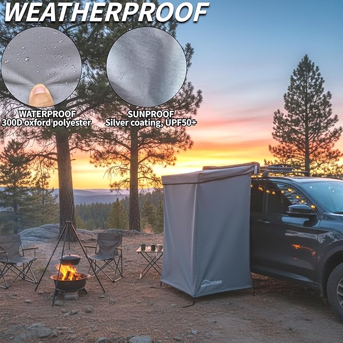 DANCHEL OUTDOOR Car Side Shower Awning with Roof 3.3x3.3ft Portable Roof Rack Vehicle Shower Privacy Tent Shelter Enclosure Overland Camping Changing Room Bathroom w/LED Light Gray