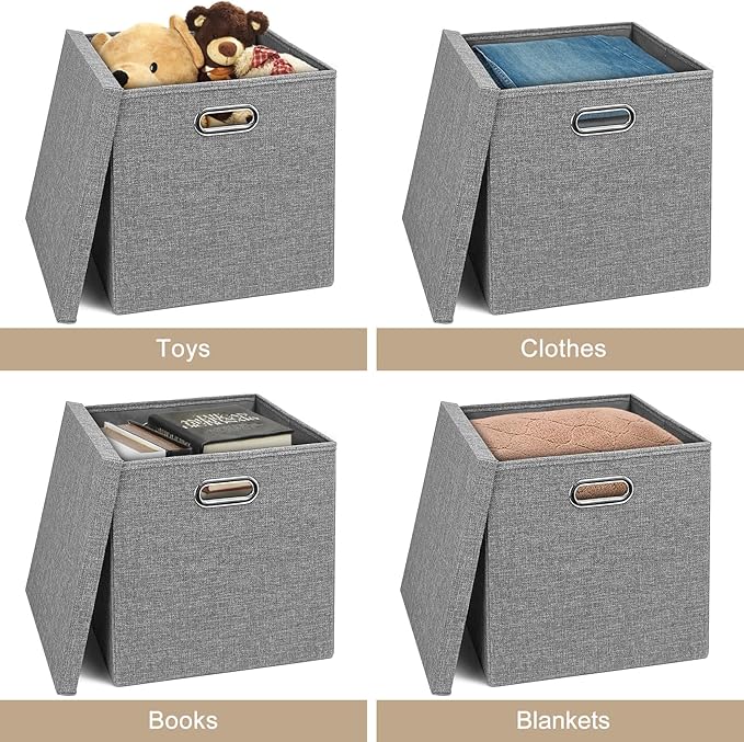 Linen Storage Bins with Lids13 x 13 Inch Foldable Fabric Cube Baskets Boxes Organizer for Closet Shelves and Home. (Gray (13x13) 4 pack)