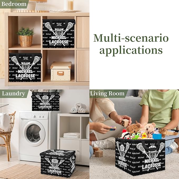 Lacrosse Custom Storage Bins with Lid Foldable Fabric Personalized Storage Basket Box with Handle Storage Organizer Container for Home Bedroom Closet