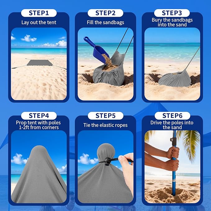 CROWN SHADES 10x10 Beach Tent Sun Shelter Easy Pop Up Beach Canopy Shade Portable Outdoor Carpas UPF50+ Includes 4 Poles Adjustable Aluminium Extra-Large Big Sand Shovel Grey
