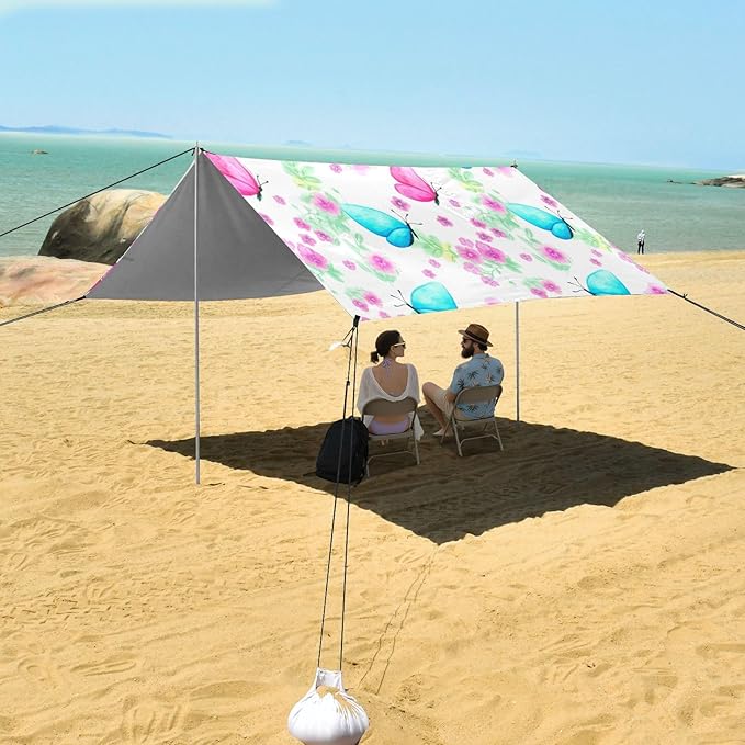 xigua Butterfly Beach Tent Sun Shelter with Carrying Bag - Silver Coated Oxford Fabric Beach Canopy for Beach Camping Fishing - Includes Windproof Ropes Sandbags &amp Stakes