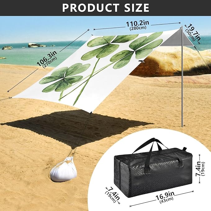 ALAZA Saint Patricks Day Four Green Clover Leaves Beach Tent Sun Shelter Portable Canopy Sunshade for Outdoor Camping Picnics Backyard Fun 10x9 ft