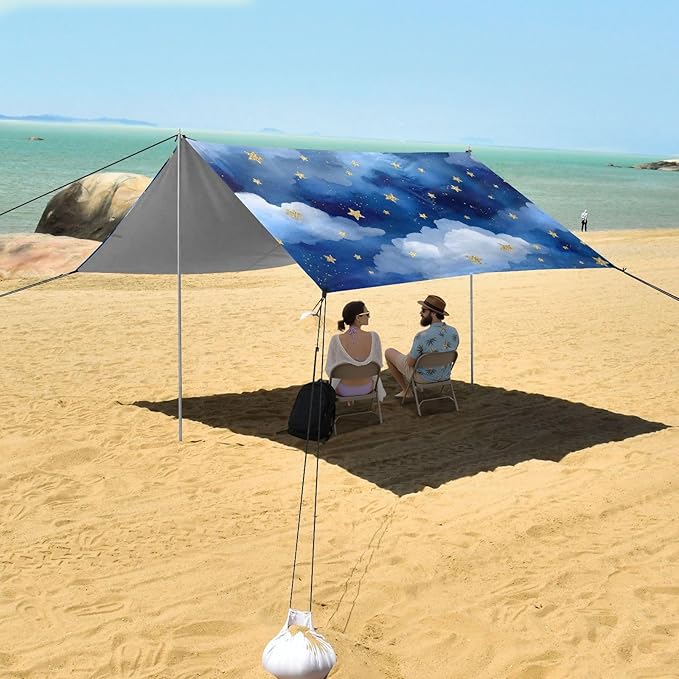 ALAZA Blue Clouds Stars Beach Tent Sun Shelter UPF50+ Protection Beach Shade Canopy w/ 4 Sandbags for Outdoor Camping Fishing Backyard Fun Picnic 10x9 ft