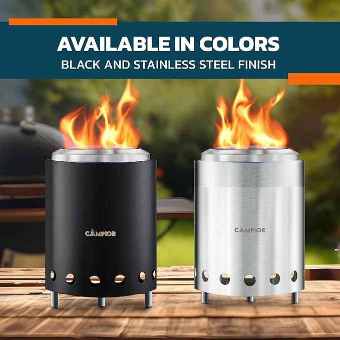 CAMPIOR Wood Burning Fire Pit Stove with Black Exterior - Smokeless Outdoor Stove for Efficient Wood Fires Camping and Gatherings Stainless Steel with Removable Ash Pan Stand and Carry Bag