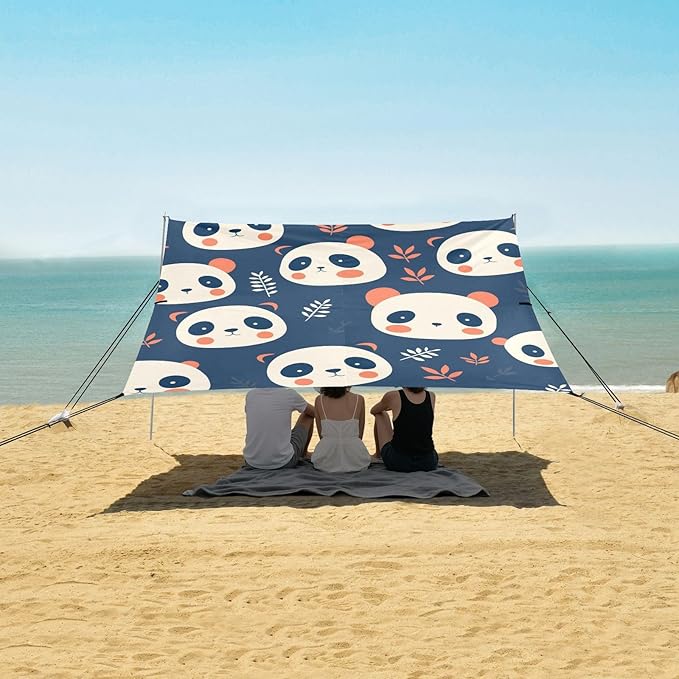 Cute Panda Faces Foldable Beach Tent UPF50+ Protection Lightweight Shade Sun Shelter with Sturdy Poles Sandbags and Shovel for Camping Picnics Backyard &amp Fishing