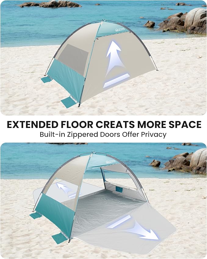 OutdoorMaster Beach Tent Sun Shelter with 2 Ventilated Doors UPF50+ Easy Setup Beach Tent Canopy for 3 Person Lightweight &amp Portable Family Beach Umbrellas for Sand with Carrying Bag-Cancun Seas