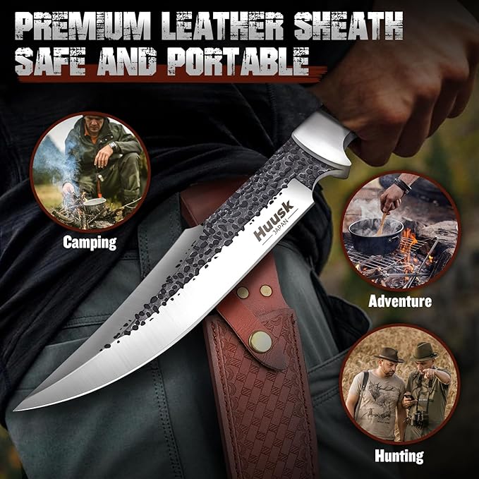 Huusk Fixed Blade Bowie Knife - 8 Hunting Knife with Sheath Full Tang Survival Knives with Ergonomic Wood Handle Outdoor Bushcraft Knives for Camping Hiking Fishing BBQ Christmas Gifts for Men
